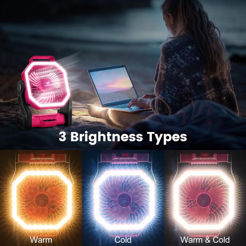 Odoland Rechargeable Camping Fan, 20000mAh Battery Fans with LED Lantern for Tent Car Beach Storm, Portable Light Desk Cooling Fan for Picnic Power Outage Hurricane, Pink - Image 3